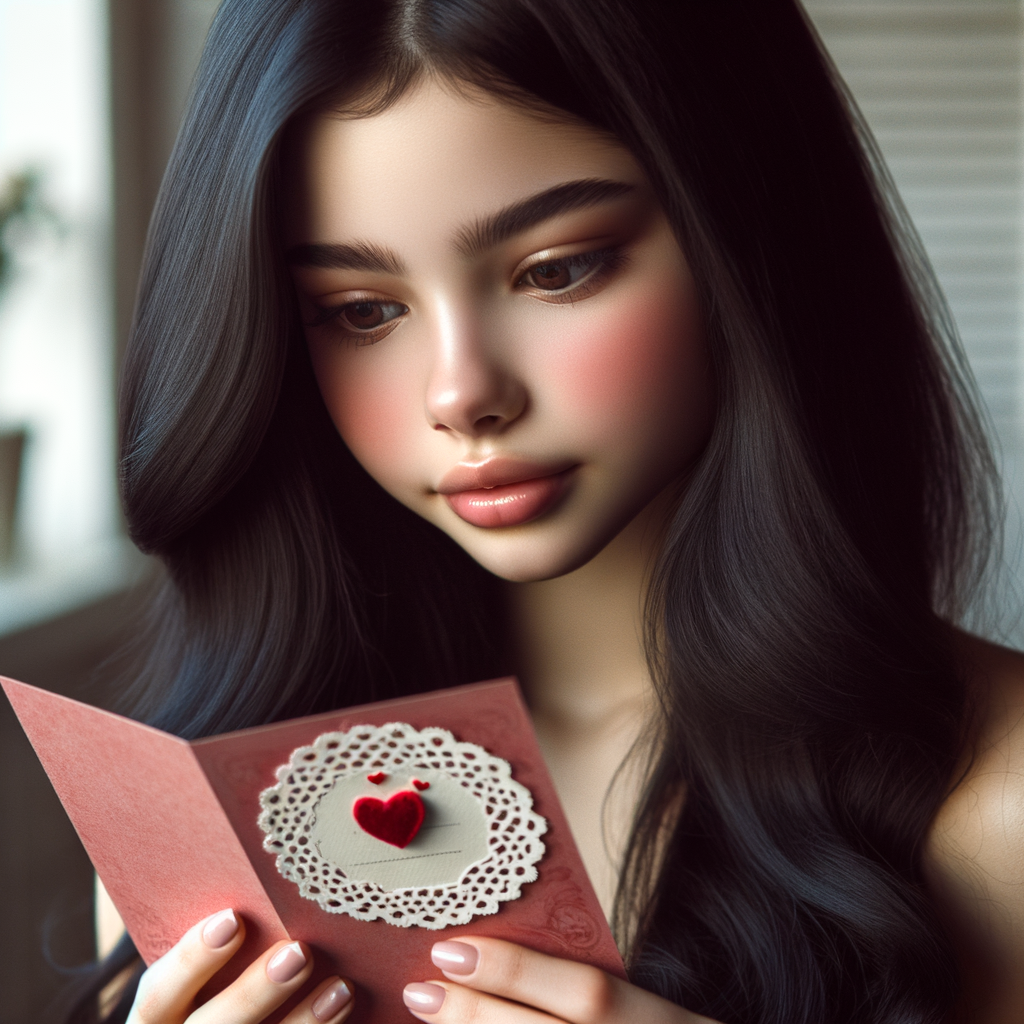 Hispanic Teenage Girl with Glossy Black Hair and Valentine's Card