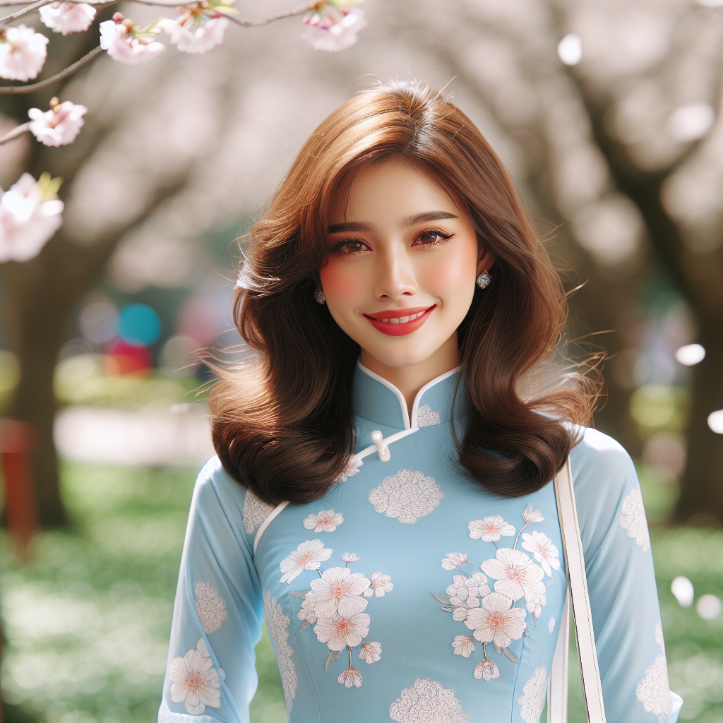 Young Southeast Asian Woman in Blue Ao Dai Dress