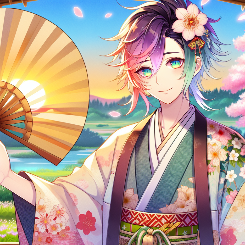 Colorful Anime Character in Traditional Kimono and Sakura Trees