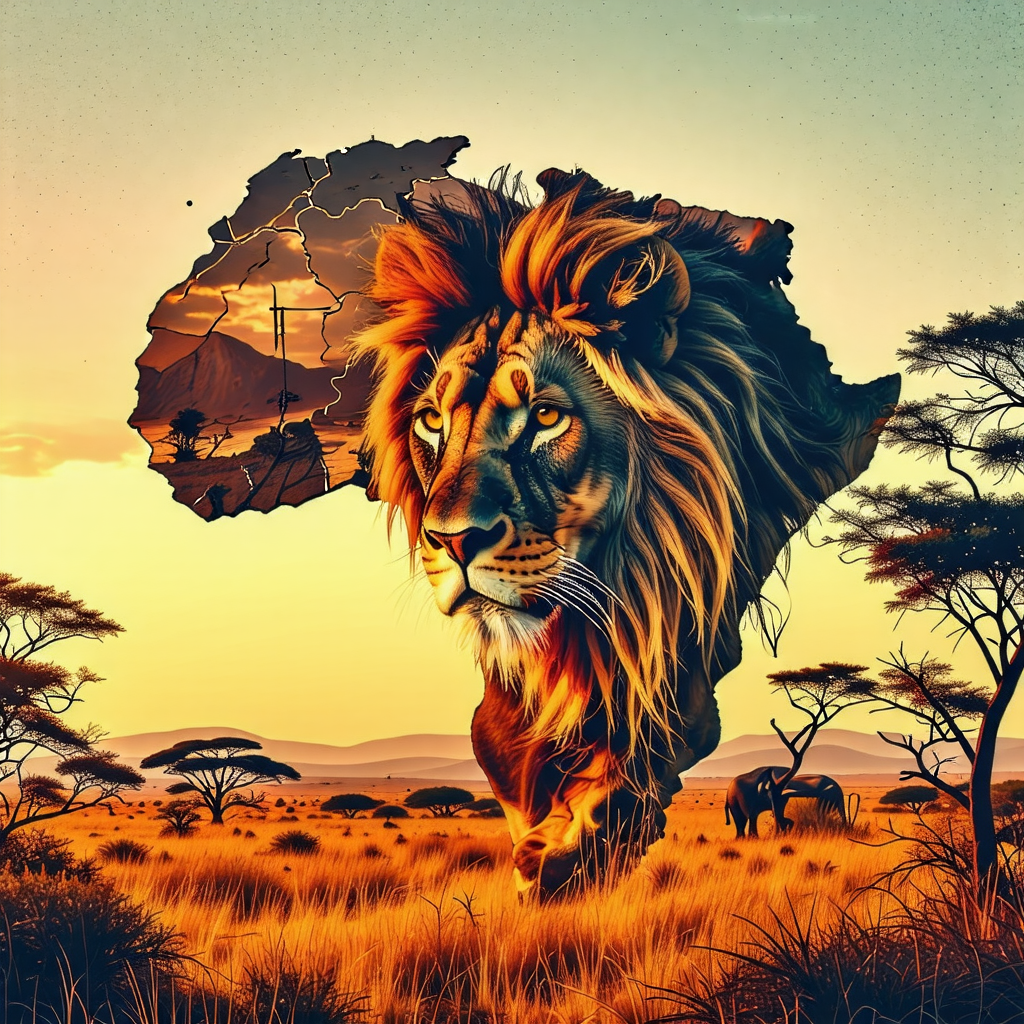 African Bush Landscape with Lion Head Illustration