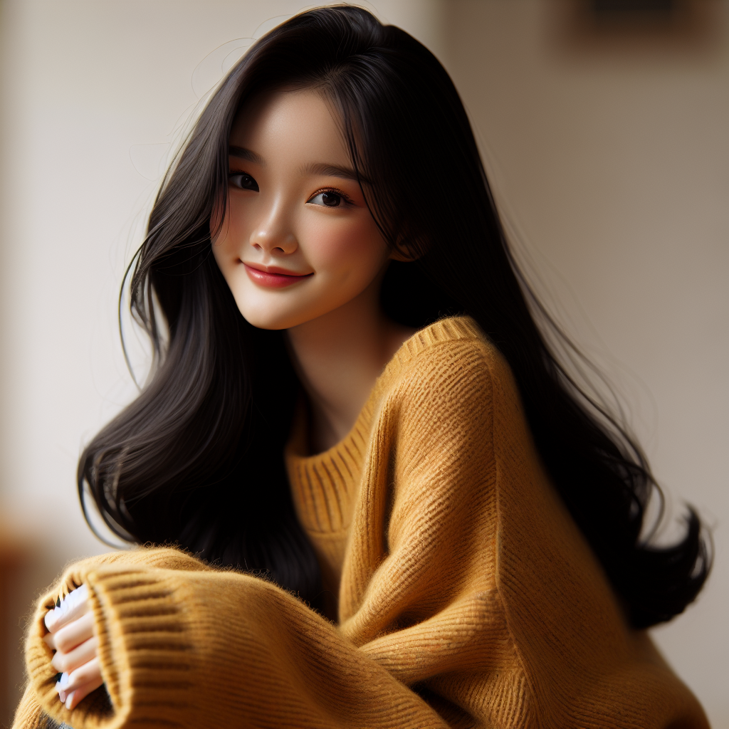 Adorable Asian Girl in Mustard Yellow Sweater and Long Hair