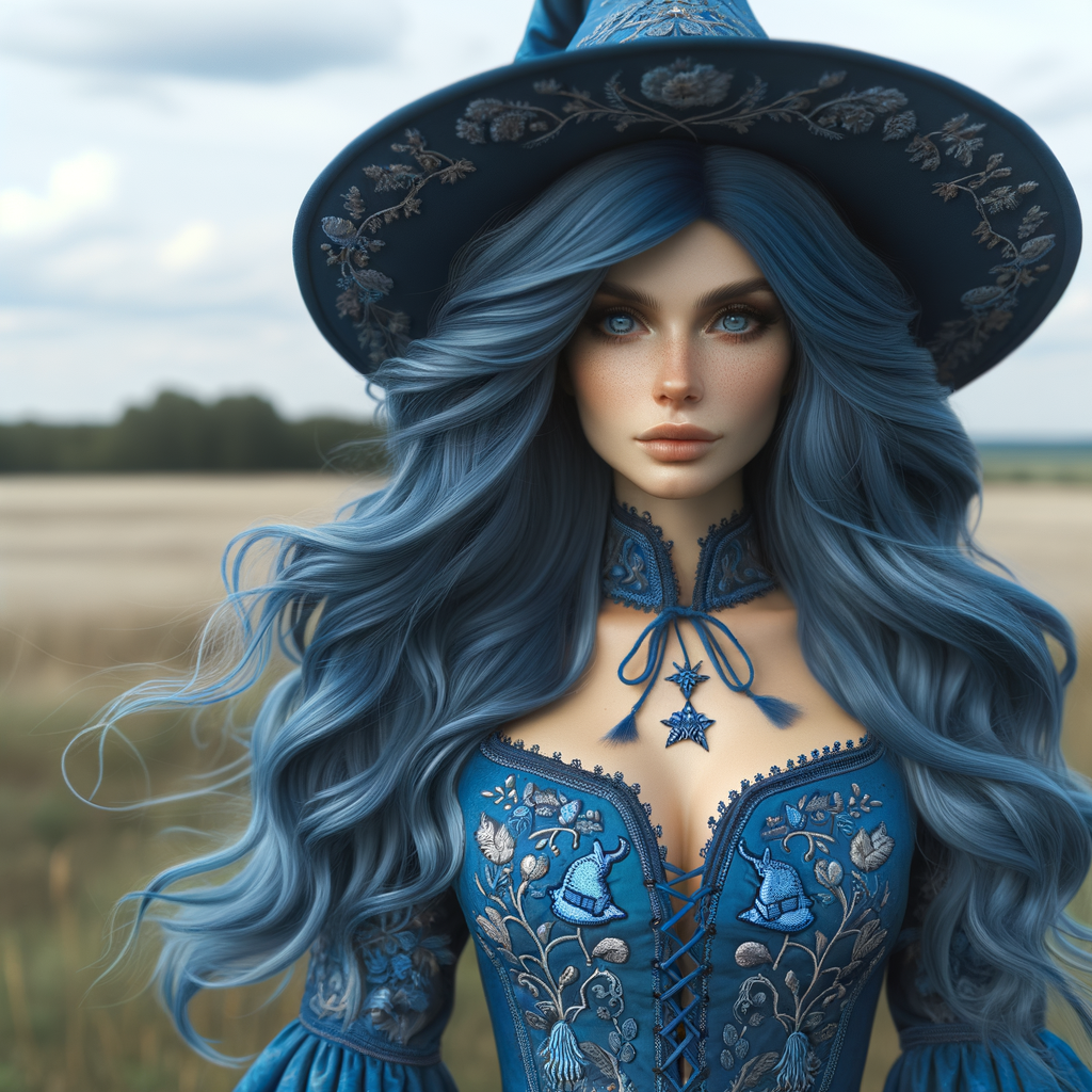 Blue Adult Witch with Long Hair and Eyes