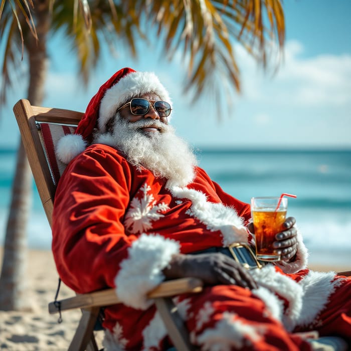 Black Santa Claus Enjoying a Day at the Beach