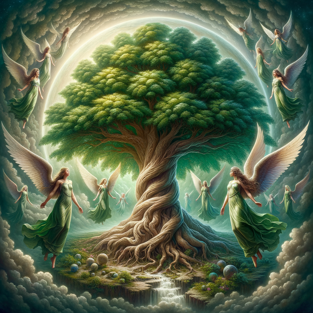 Tree of Life and Ethereal Angels: A Heavenly Scene