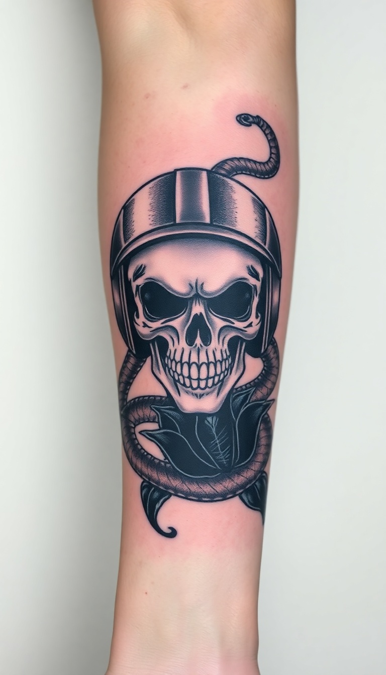 Stunning Tattoo of Skull in Motorcycle Helmet