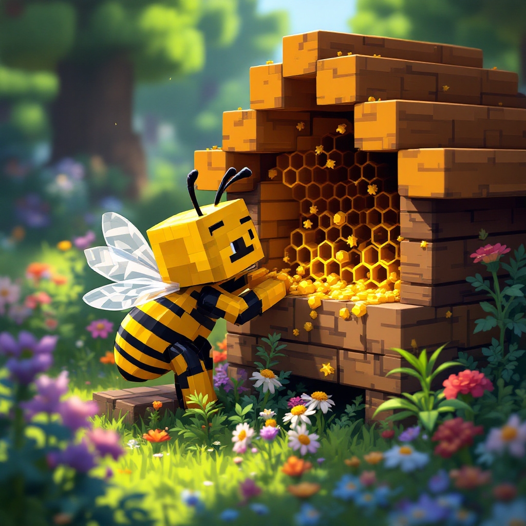 Bee Building a Hive in a Whimsical Minecraft World