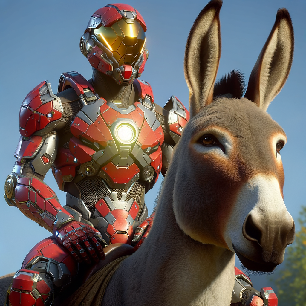 Male Character in Red and Gold Mechanized Suit Riding Donkey