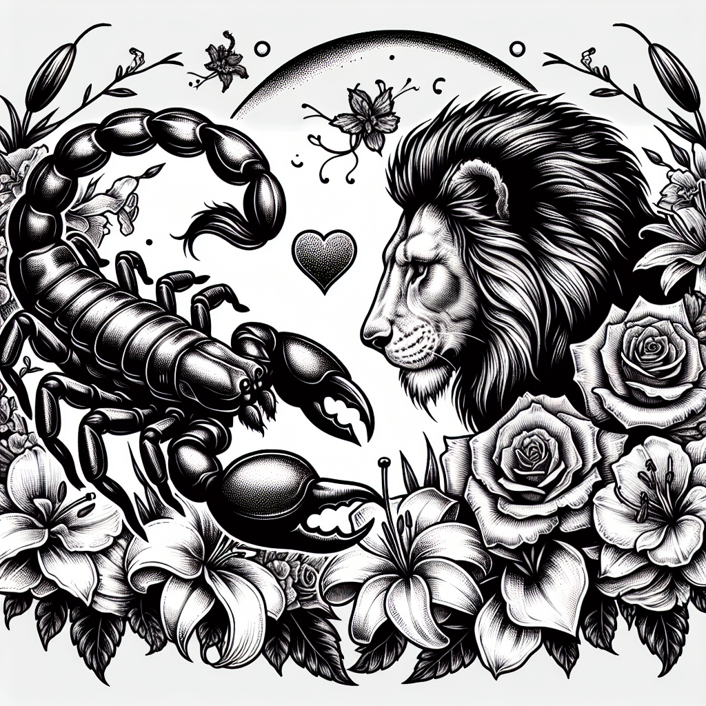 Romantic Scorpion and Lion Tattoo with Flower Circle