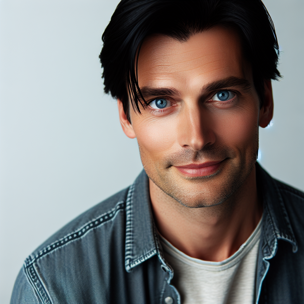 Captivating Portrait of a 30-Year-Old Caucasian Man with Jet Black Hair and Bright Blue Eyes