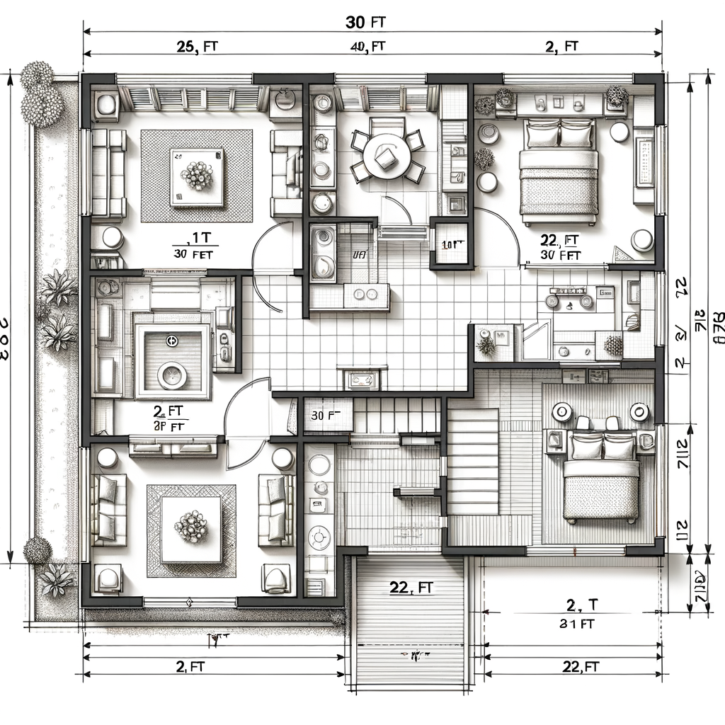 Detailed 3-Bedroom 30x40 House Floor Plan