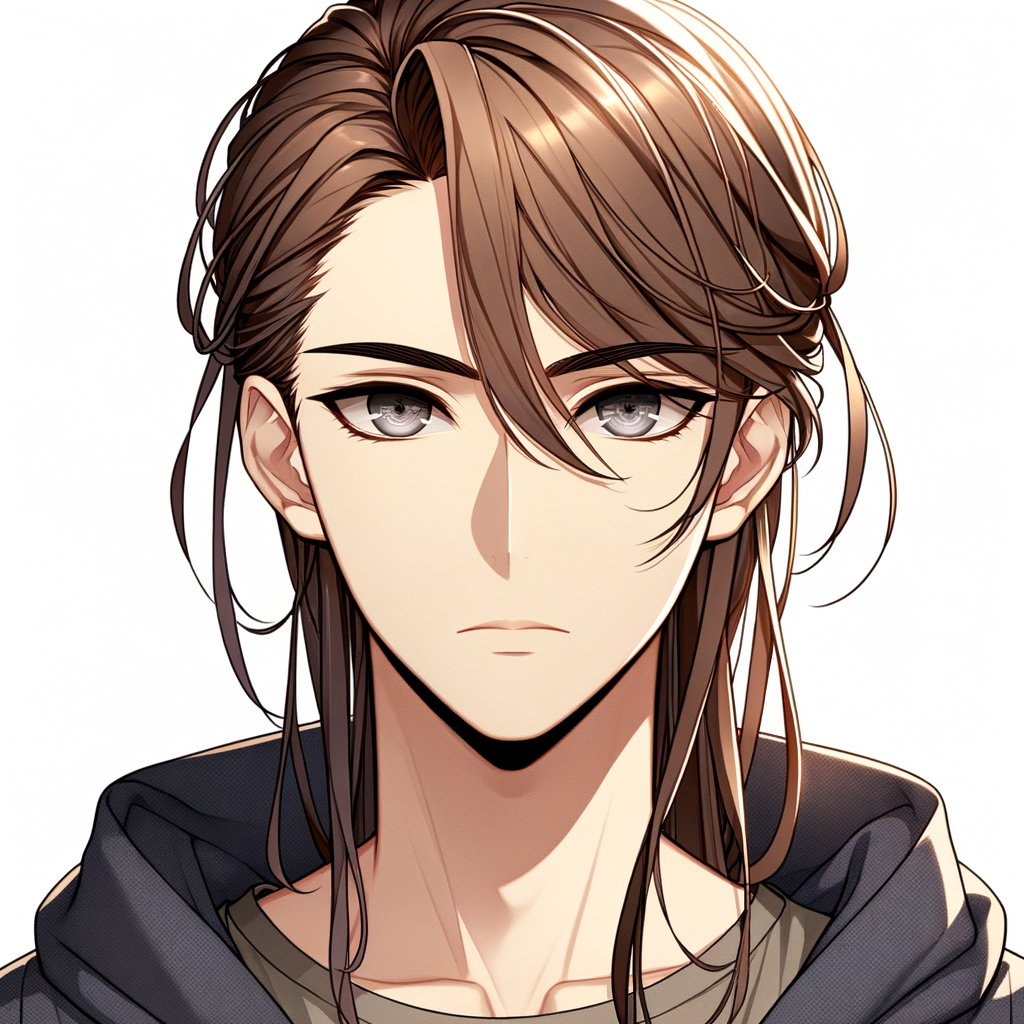 Anime-Style Illustration of a Man with Long Hair and Grey Eyes