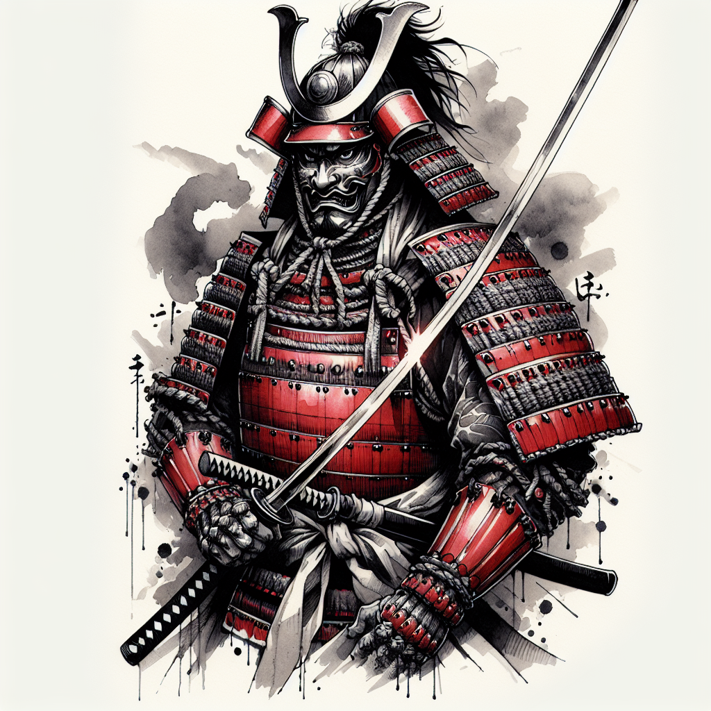 Detailed Samurai Warrior Tattoo Sketch in Chinese Ink Art