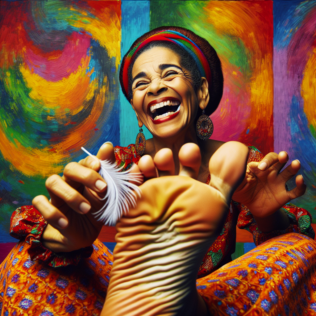 Colorful Hispanic Woman Playfully Tickled by Feather