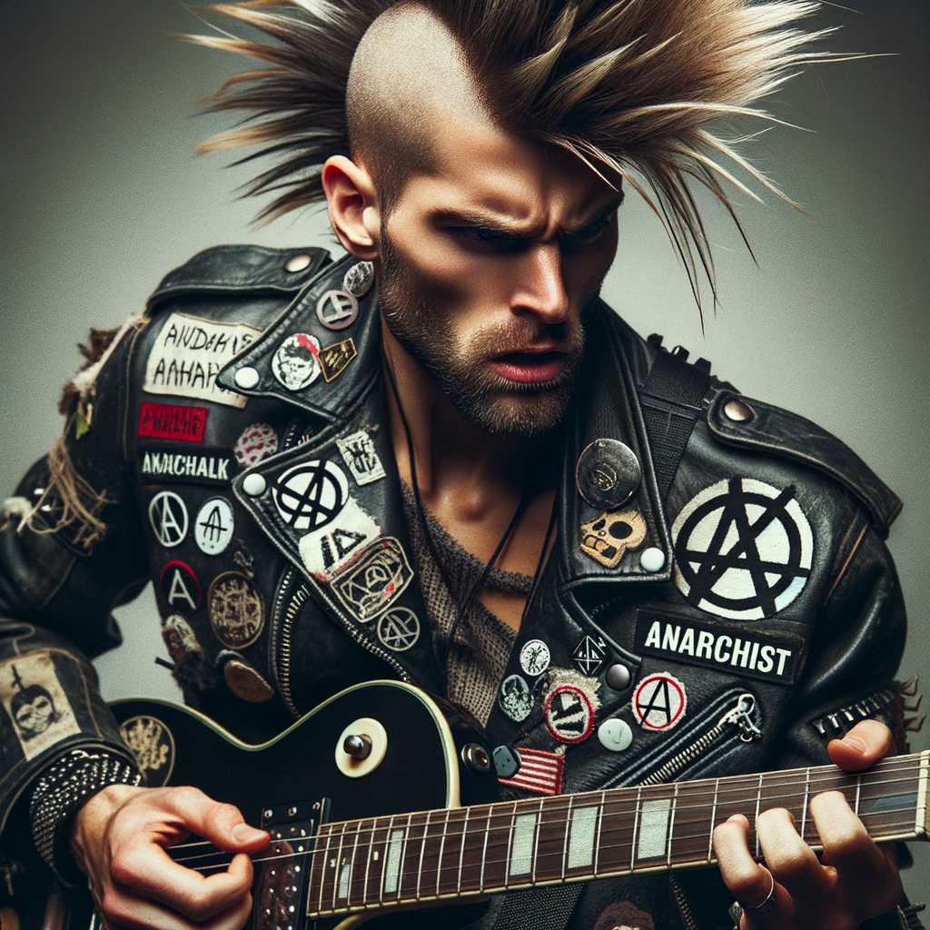 Rebellious Punk Guitarist with Anarchist Symbols