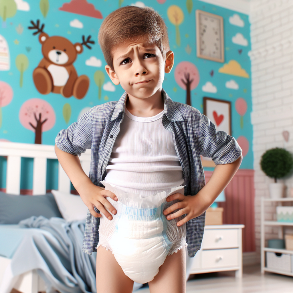 Confused Eight-Year-Old Boy in Clean Diapers