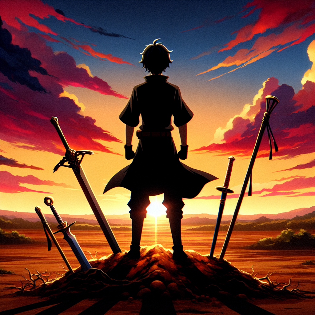 Dark Silhouette of Young Man at Sunset with Weapons