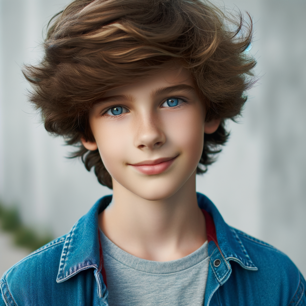 13-Year-Old American Boy with Vibrant Blue Eyes & Brown Fluffy Hair