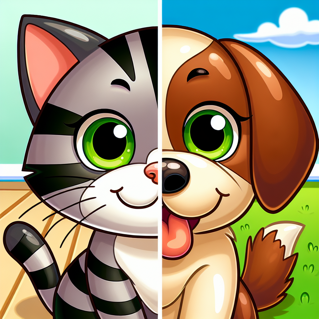 Cartoon Image of Mischievous Cat and Friendly Dog