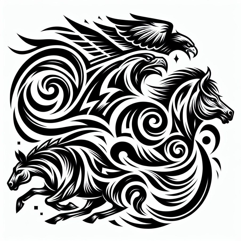 Dynamic Tribal Tattoo Illustration of Interconnected Animals