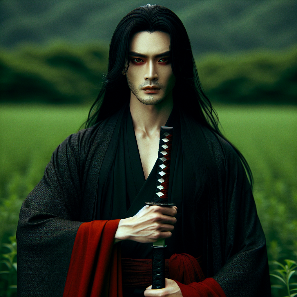 Solemn Samurai Amid Blossoming Meadow