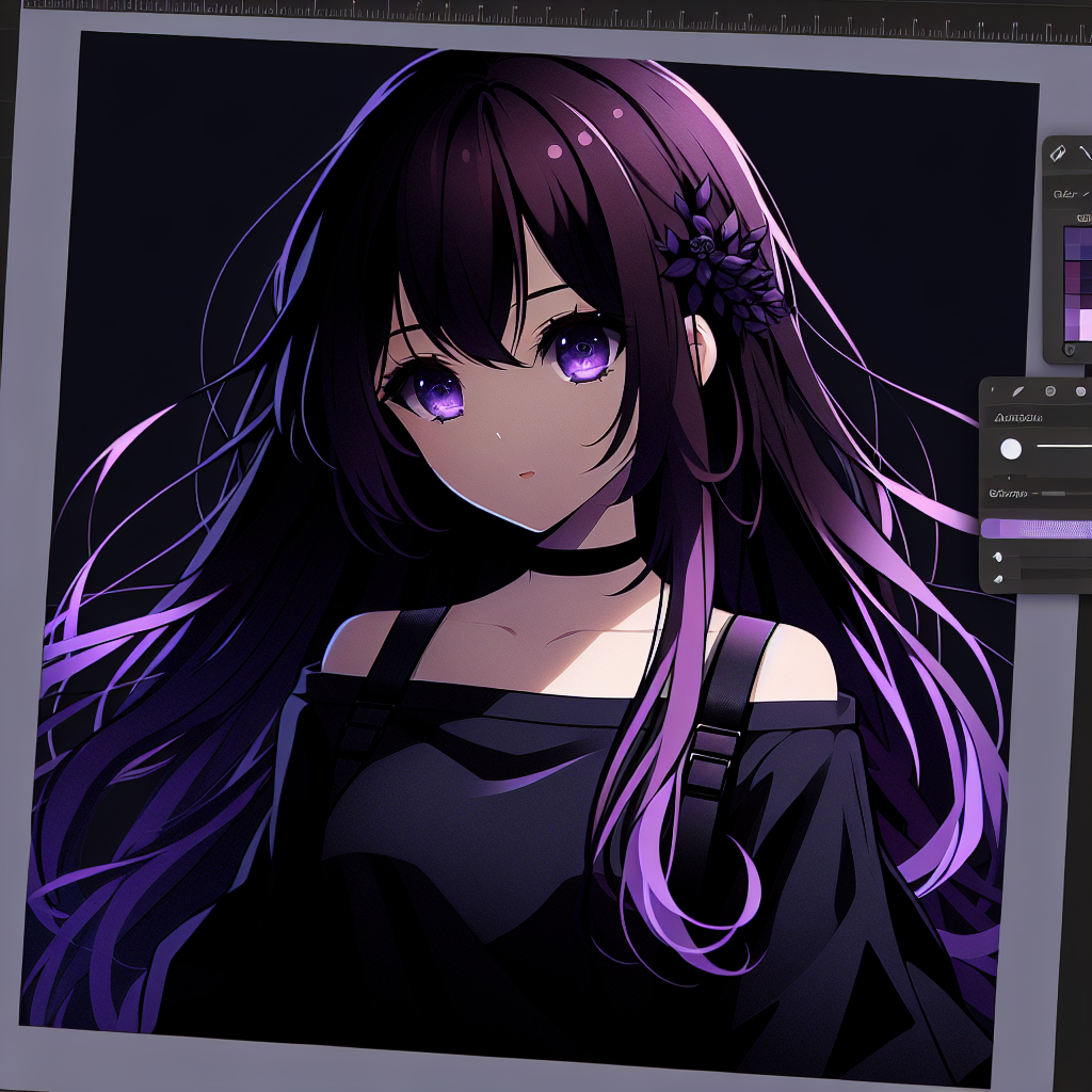 Dark Purple Hair Anime Girl in Black Outfit on Dark Background