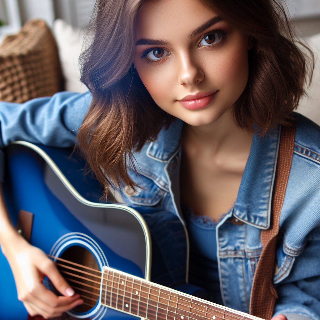 Miranda Cosgrove Blue Jeans Jacket & Guitar