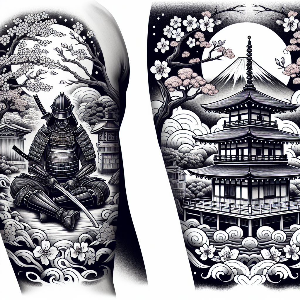 Vivid Samurai and Temple Tattoo Design