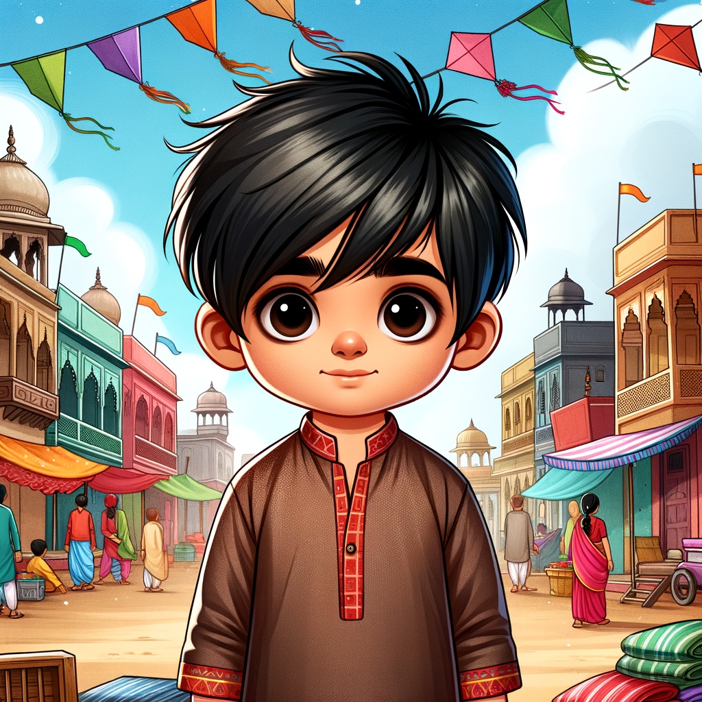 Illustration of a Young Indian Boy in Vibrant Town Scene