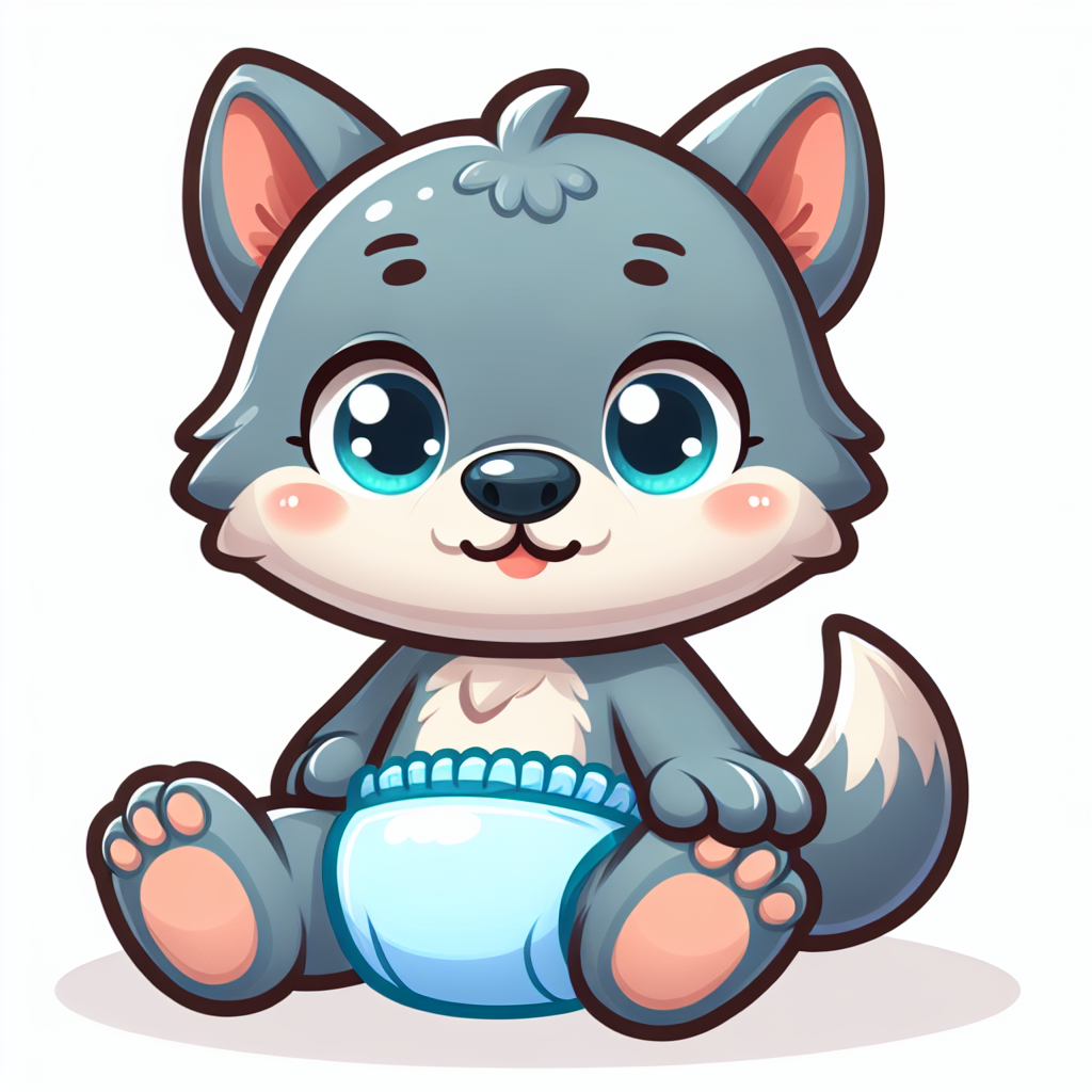 Cartoon Newborn Wolf in Baby Blue Diaper