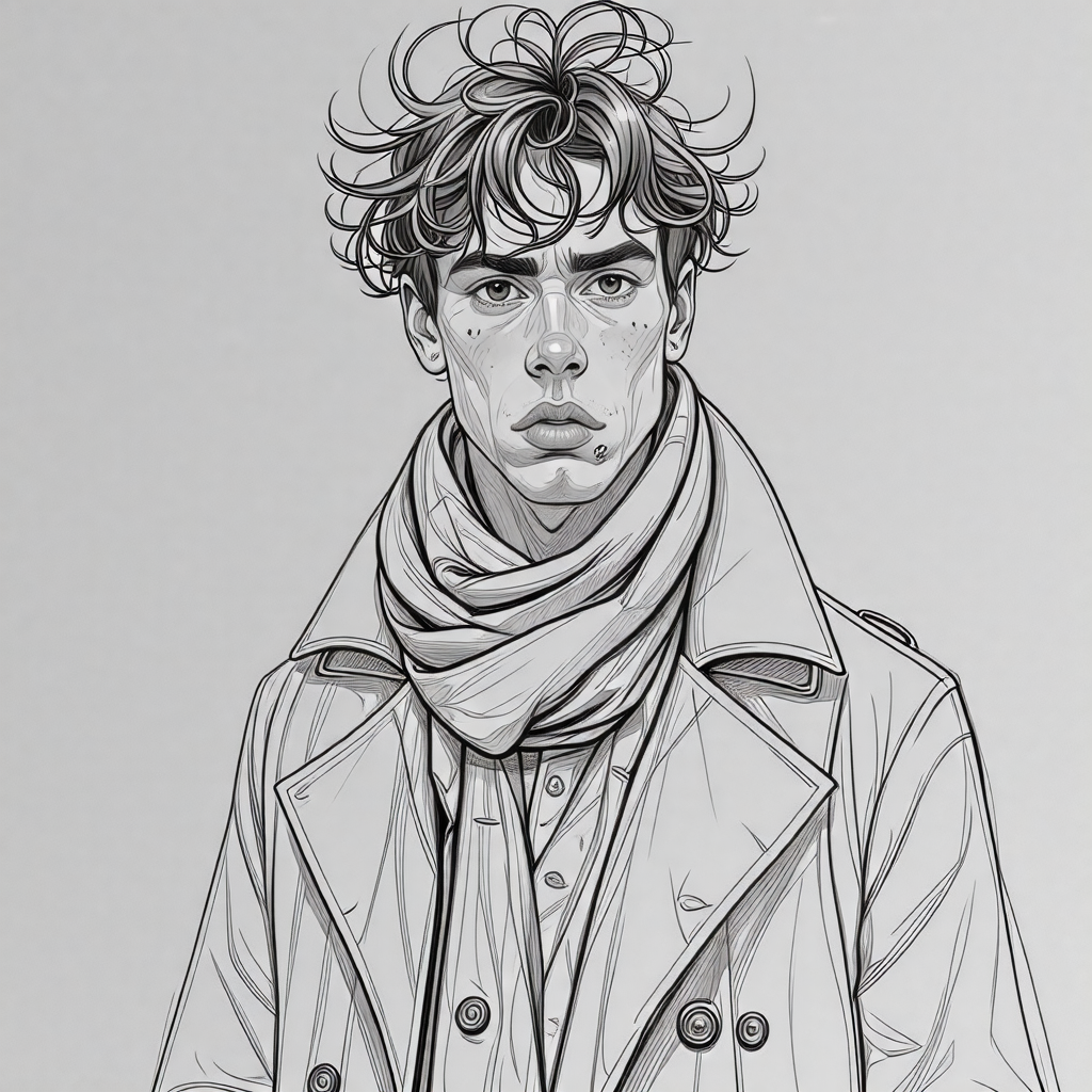 Fine Line Sketch of Young Man in Coat and Scarf