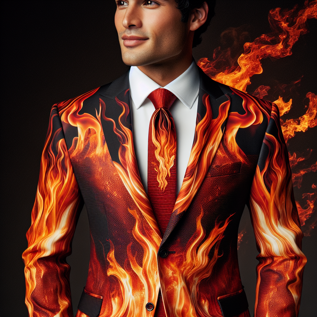 Stylish Men's Suit Made of Recycled Materials with Fire Theme