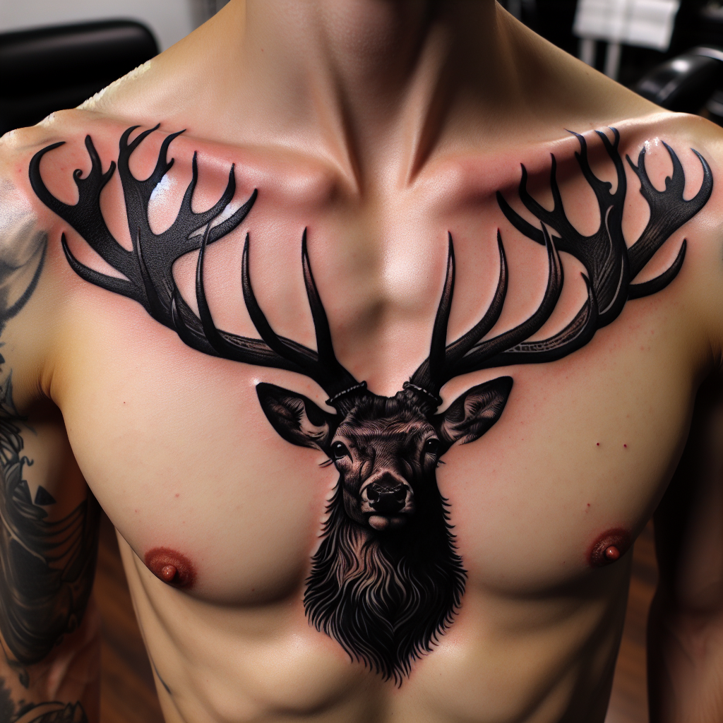 Black Deer Chest Tattoo Design