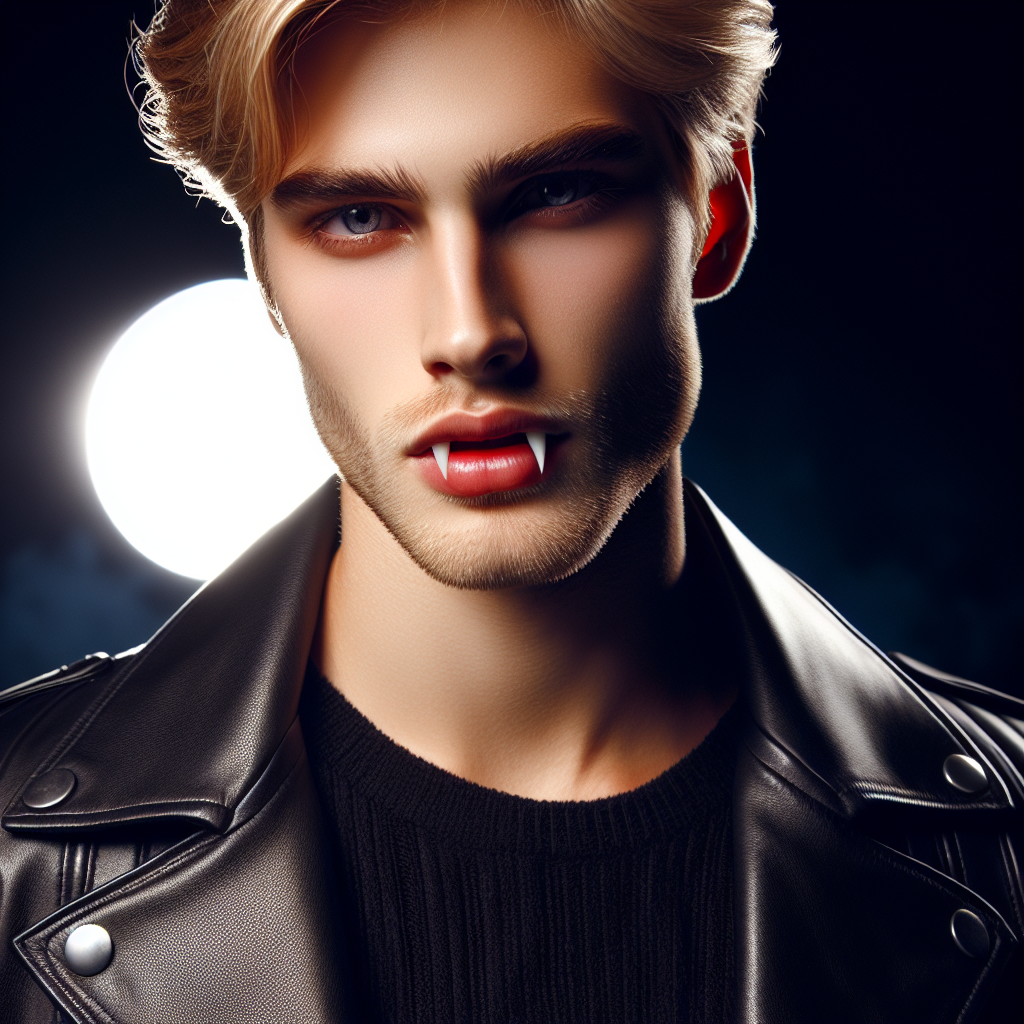 Young Handsome Blonde Vampire Guy in Black Leather Jacket