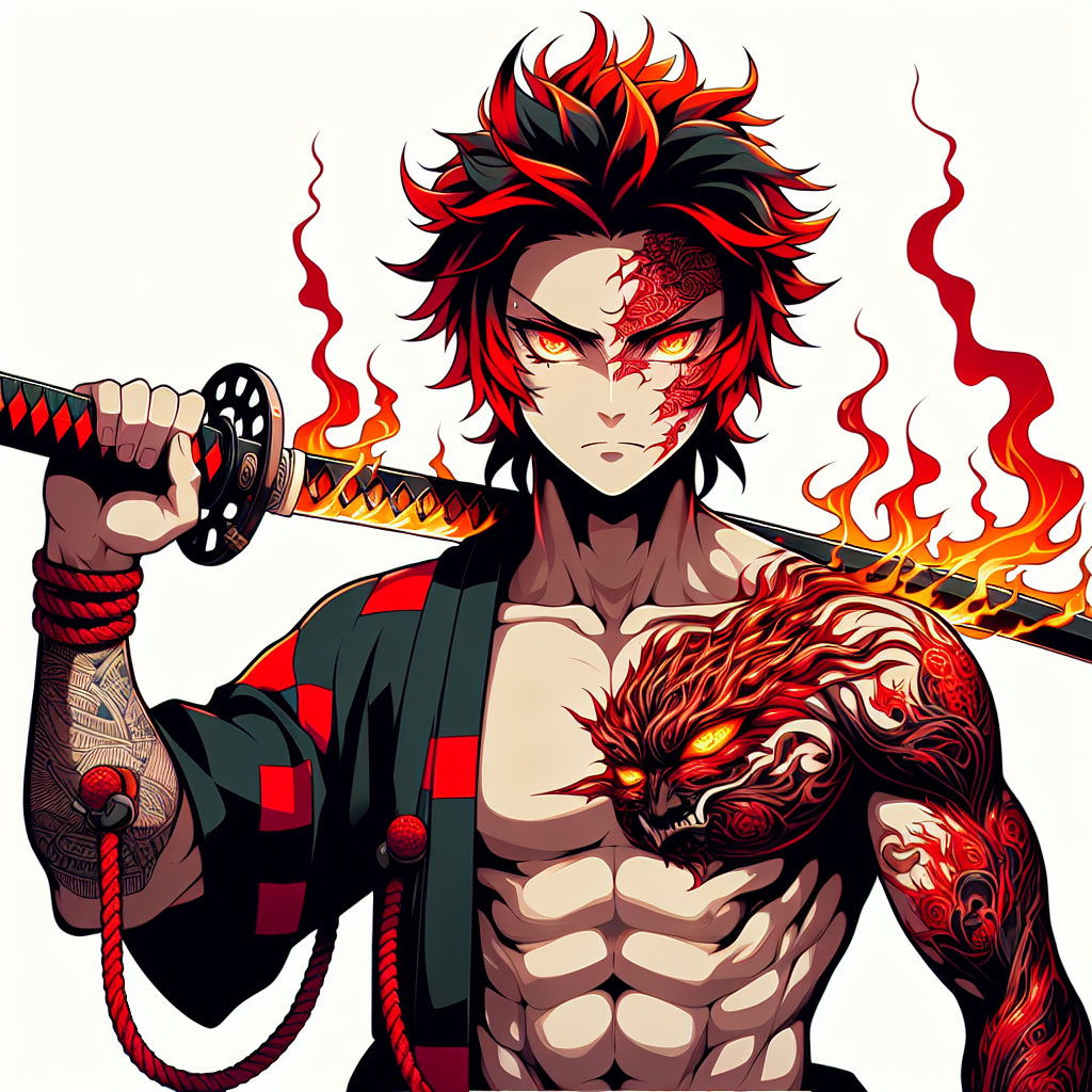 Intense Anime Swordsman with Red Hair and Tattoos