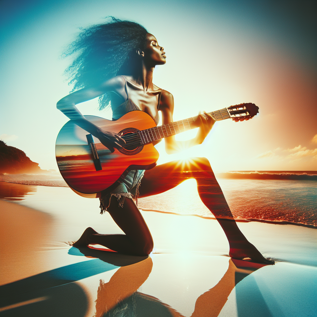 Dynamic Black Woman Playing Guitar on Sun-Kissed Beach