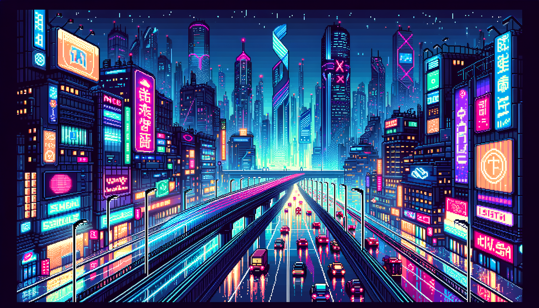 Futuristic Cyberpunk Pixel Art Night Cityscape