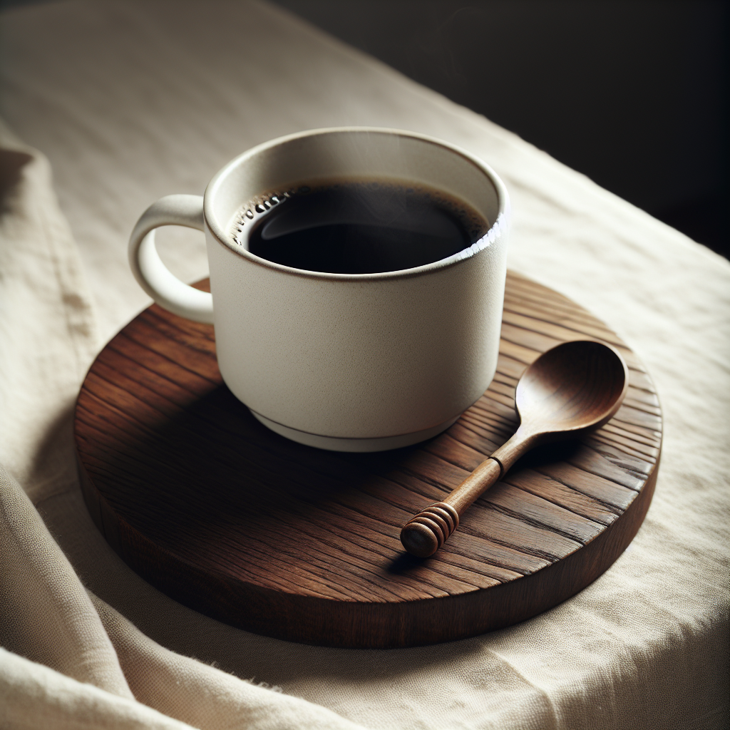 White Porcelain Coffee Mug on Dark Oak Coaster