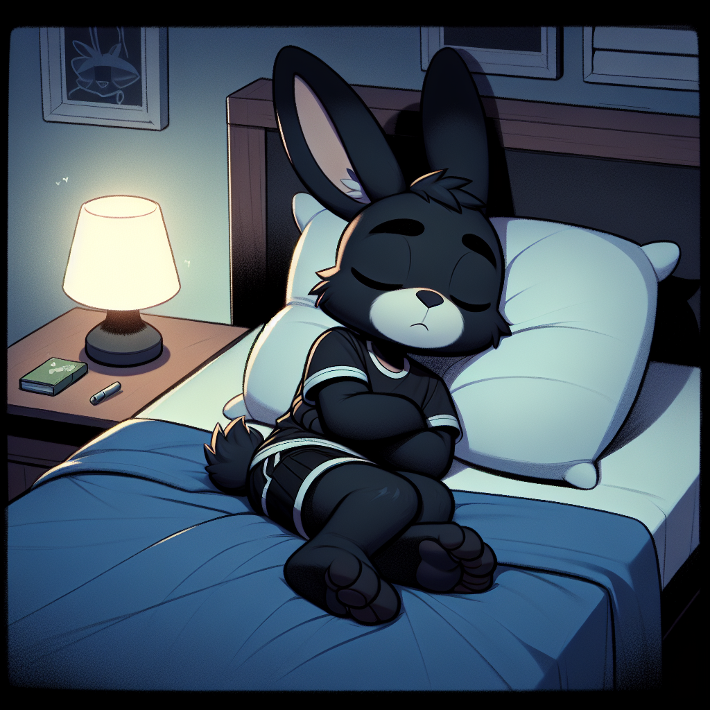 Anthropomorphic Black Rabbit Asleep in Modest Underwear