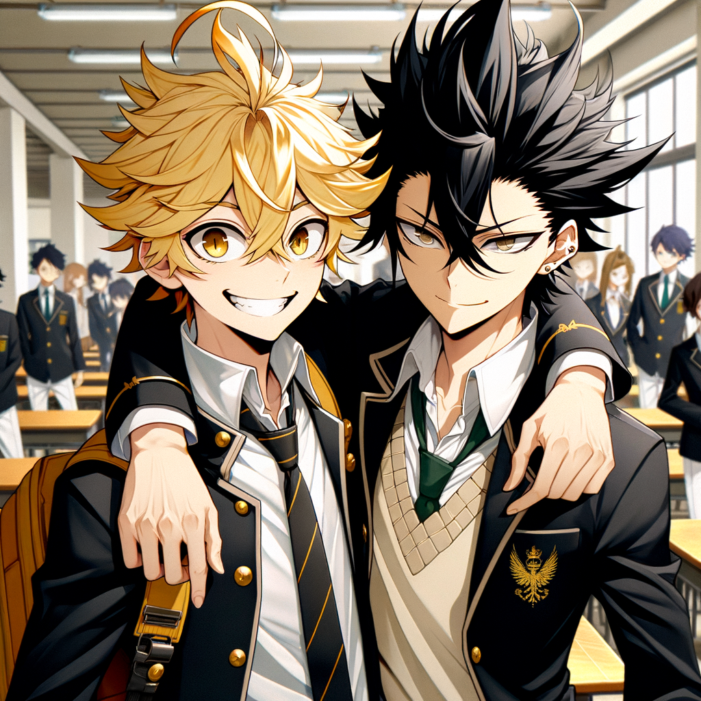 Blonde and Black-haired Anime Characters Embracing in School