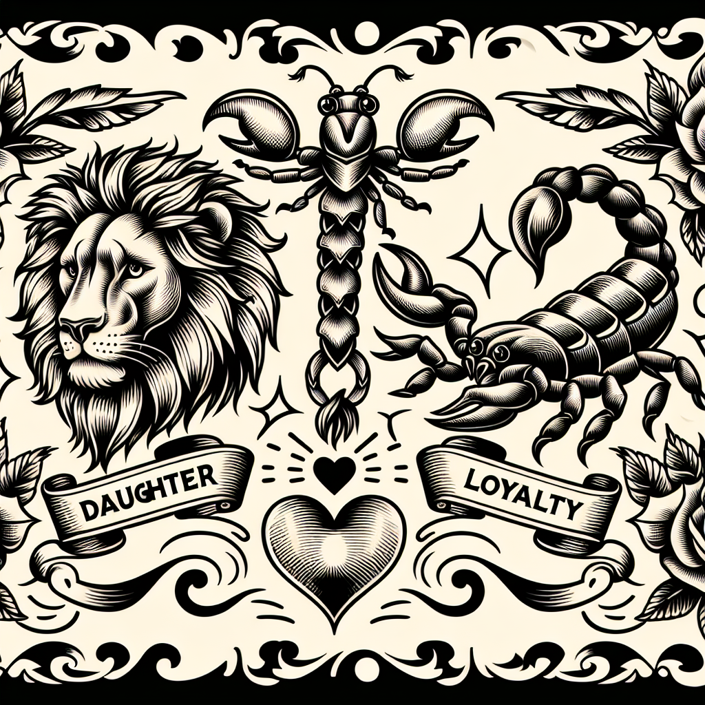 Family Theme Tattoo Incorporating Lion and Scorpion Symbols