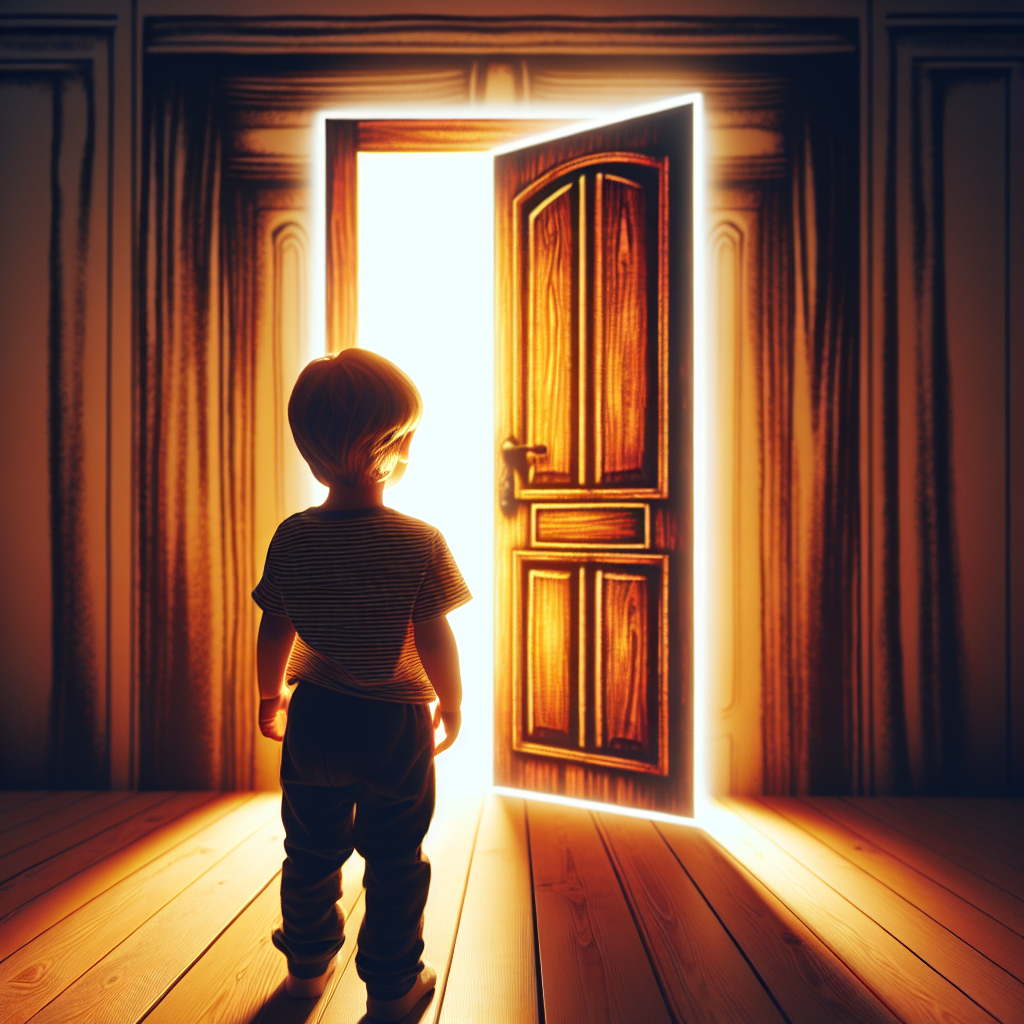 Captivating Wooden Door Scene with Expectant Child