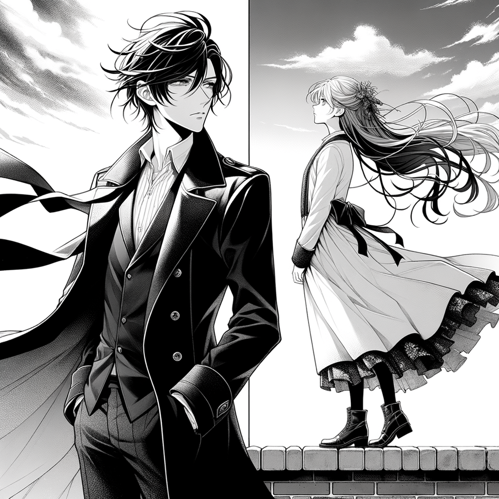 Stylish Anime Rooftop Encounter in Black and White