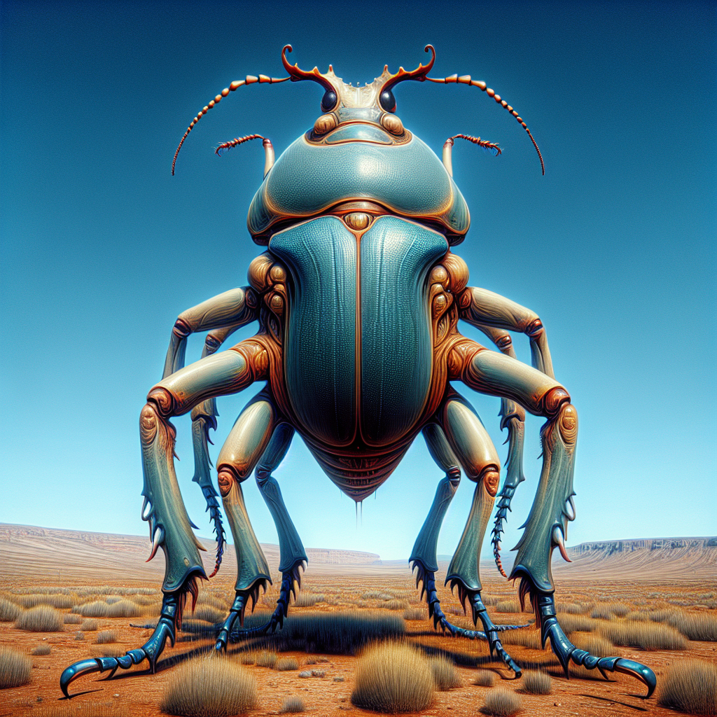 Surreal Beetle-Humanoid Figure in Sparse Landscape