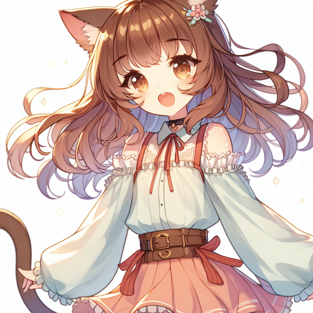 Playful Brown-Haired Cat Girl Anime Illustration