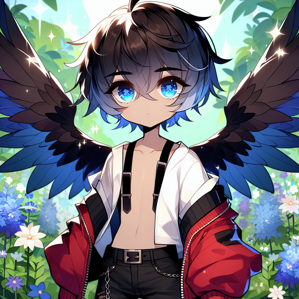 Anime-Style Character with Blue Hair, Dark Blue Eyes, and Black Wings in Meadow