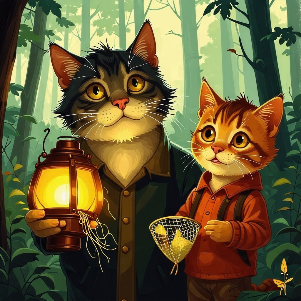 Enchanting Forest Exploration: Cat-Faced Man & Kitten Son