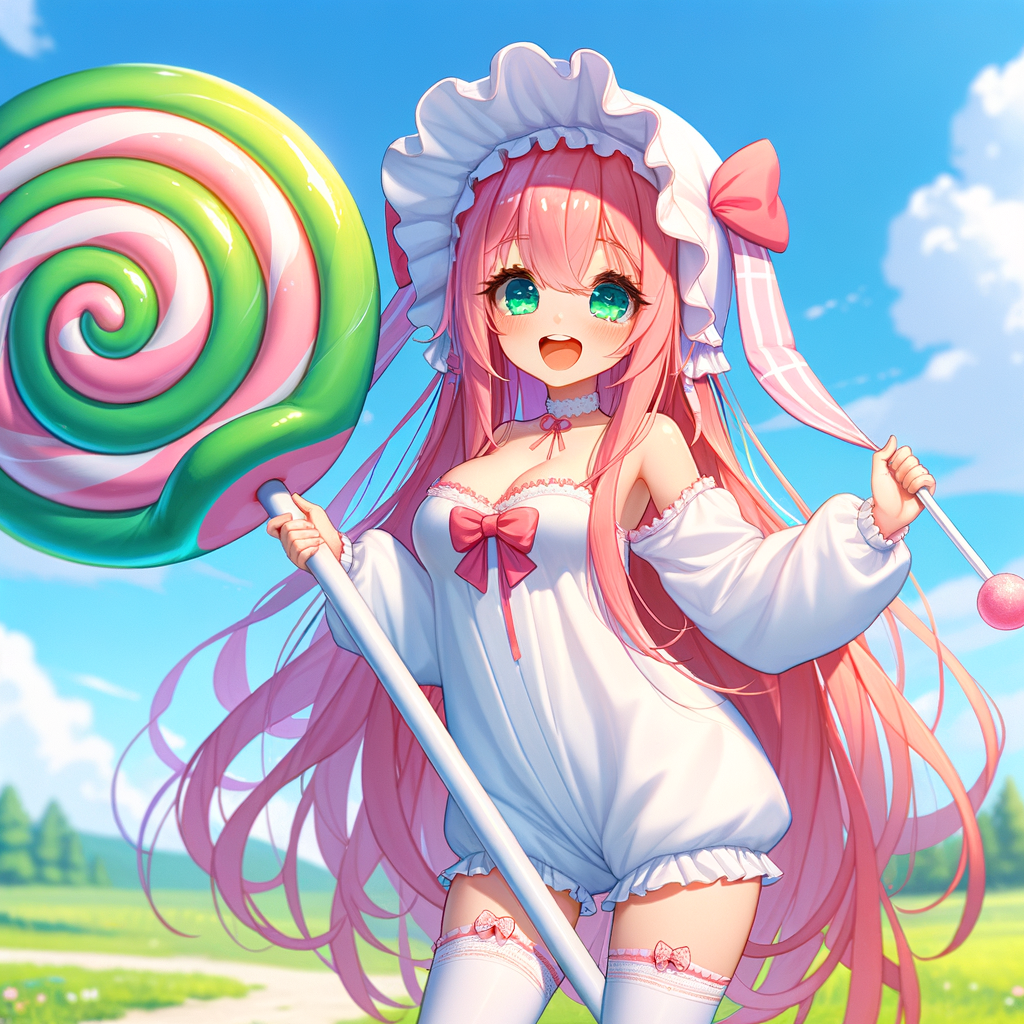 Playful Anime Character with Long Pink Hair and Giant Candy Sucker