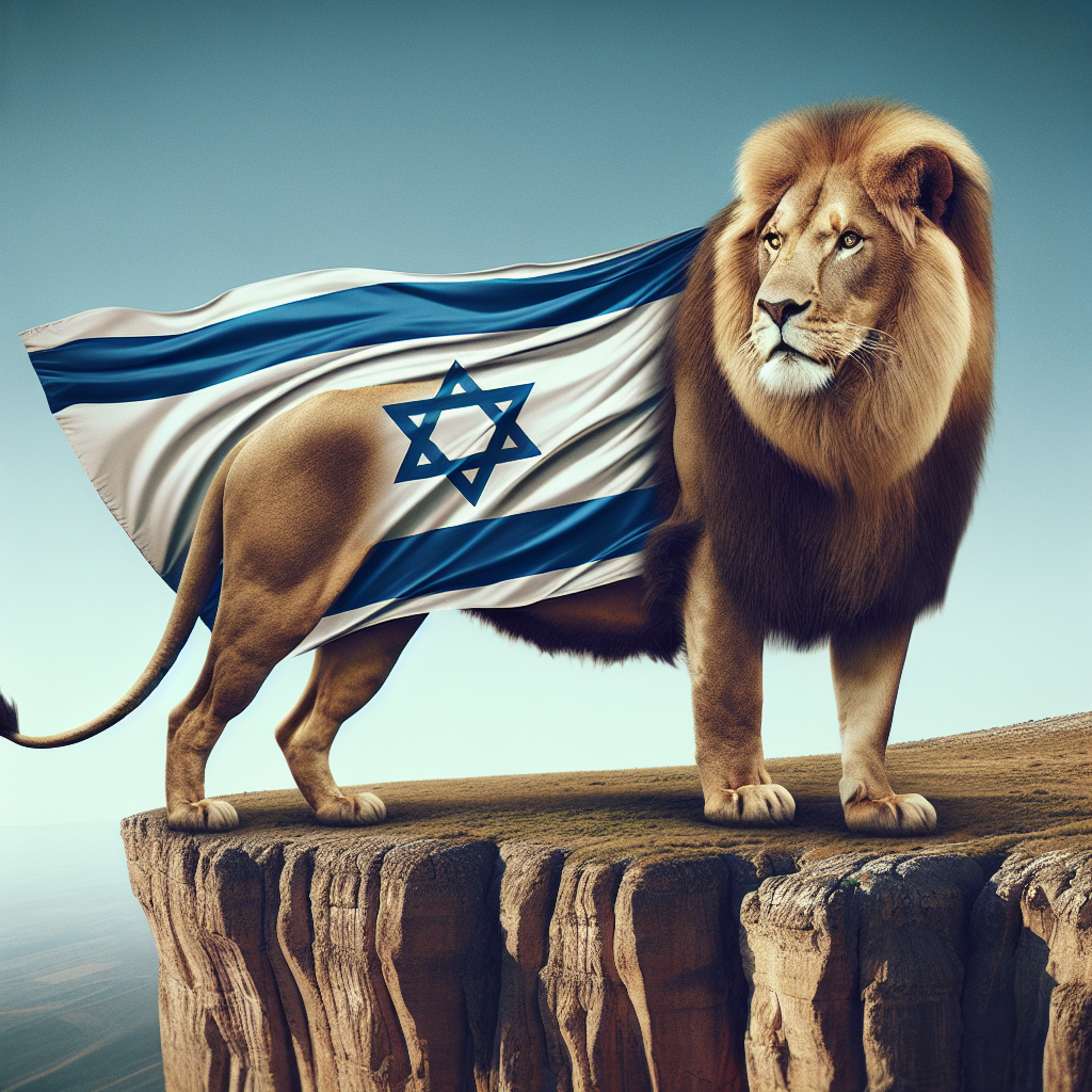 Majestic Lion on Cliff with Israeli Flag