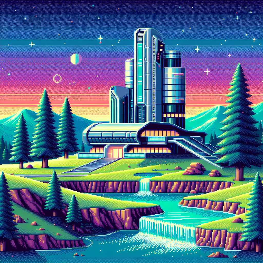 Retro Pixel Art Gym Building in Majestic Landscape