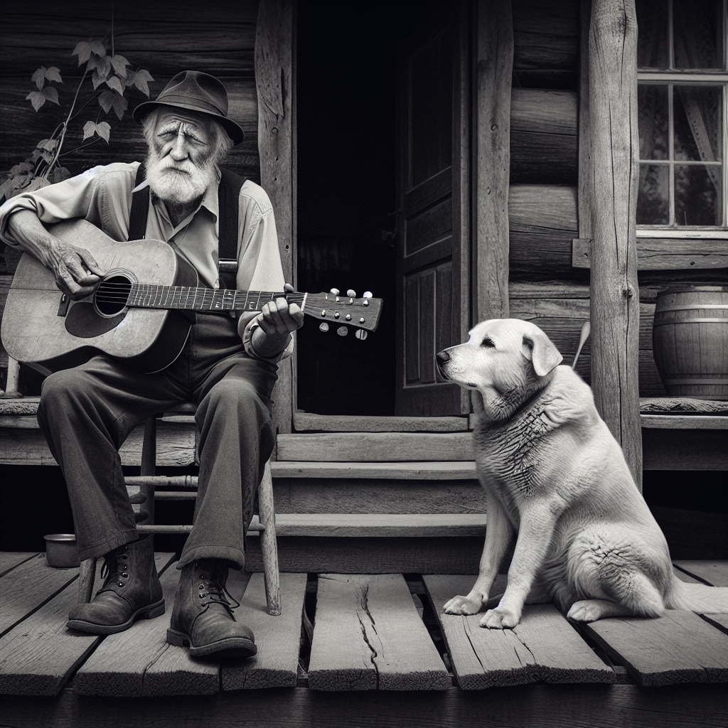 Elderly Man Playing Guitar with Faithful Dog